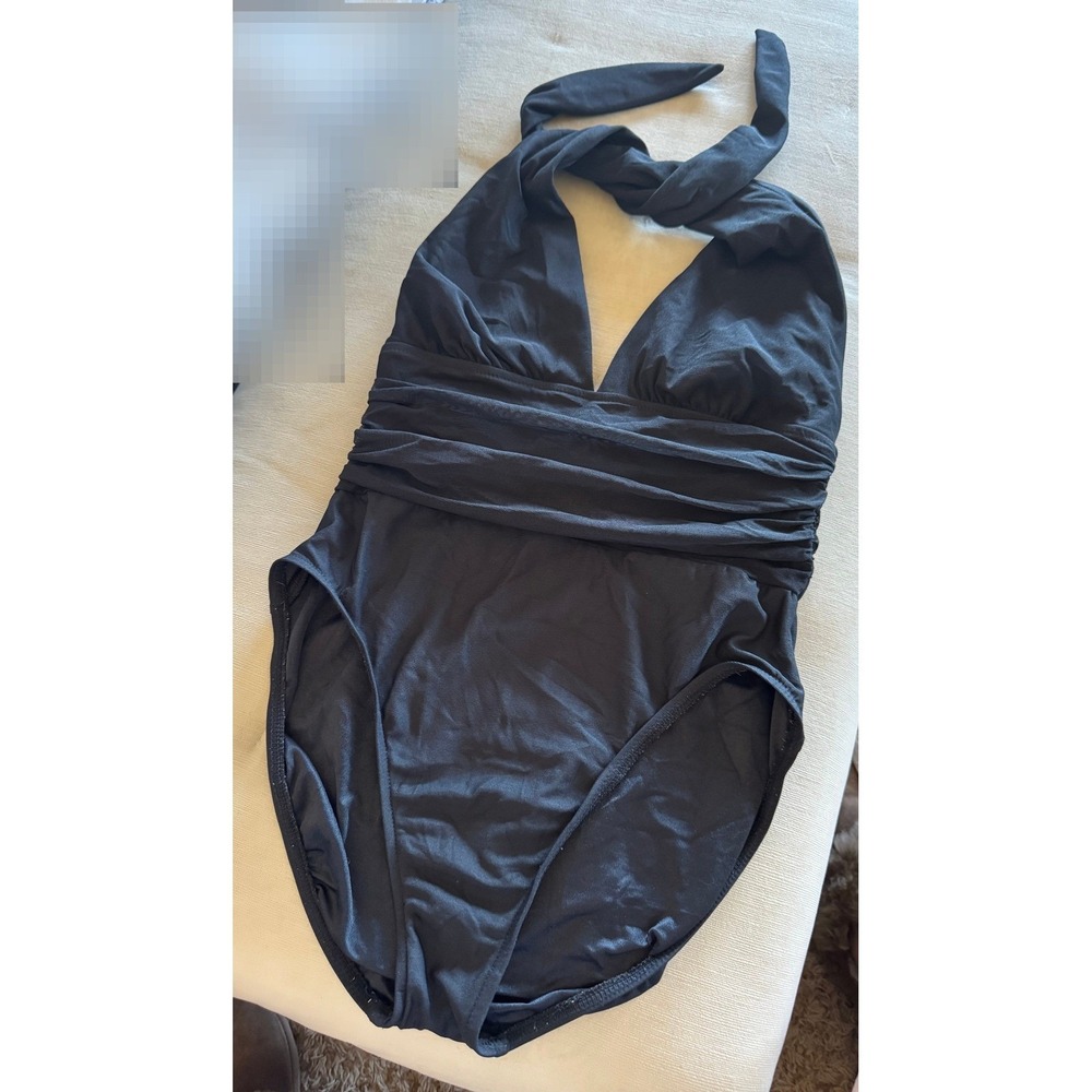 Nordstrom Black Halter One Piece Swimsuit Mesh Ruched Waist V-Neck Large